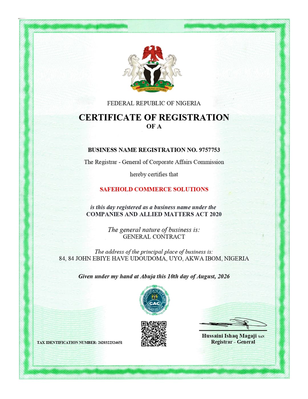 SafeHold's CAC Certificate of Registration, RC 9757753